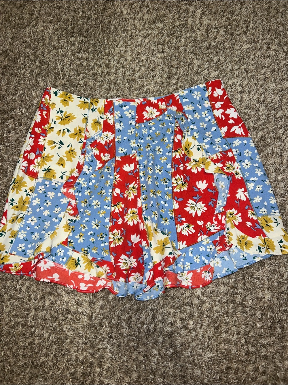 Love & Harmony Patchwork Ruffle Shorts with Feminine Hem! Red, Blue & Yellow